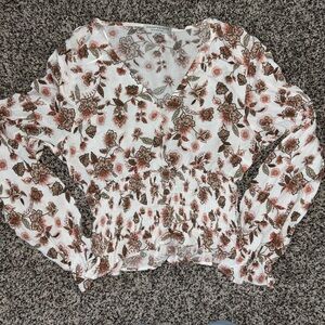 Paper Crane Floral V-Neck Blouse - White and Brown